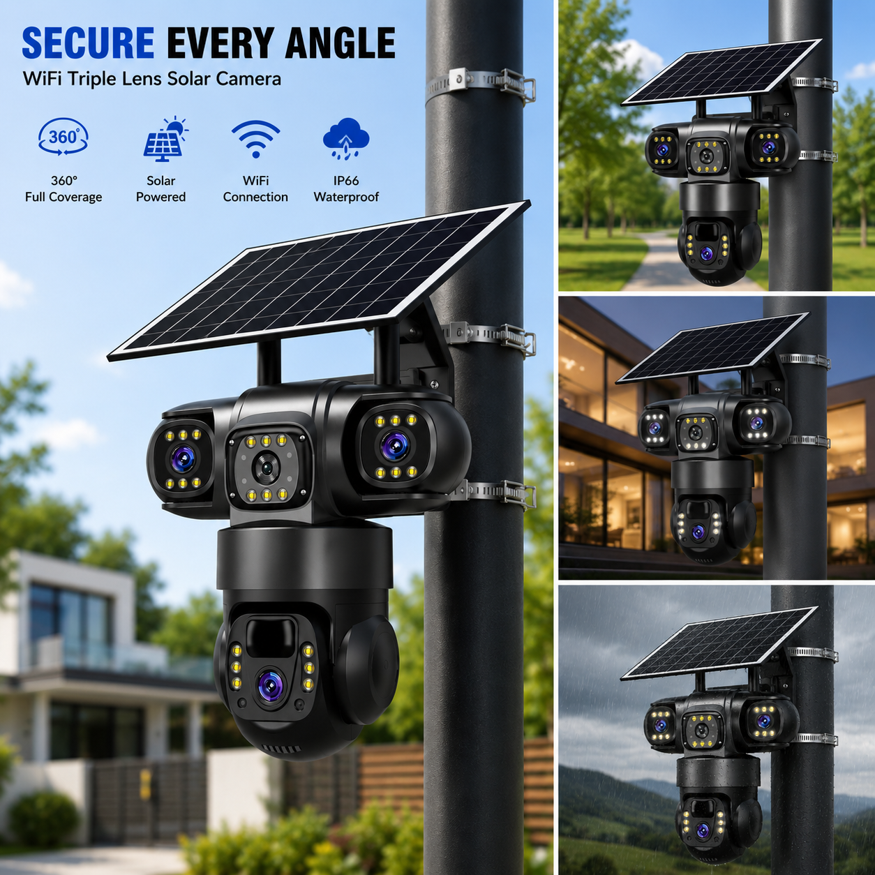 **WiFi Triple Lens Solar Security Camera – 360° CCTV with Night Vision & Solar Panel**