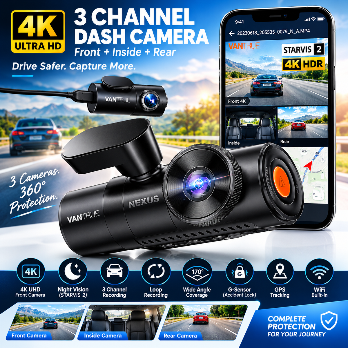 3 Channel Dash Camera – Front, Inside & Rear Recording