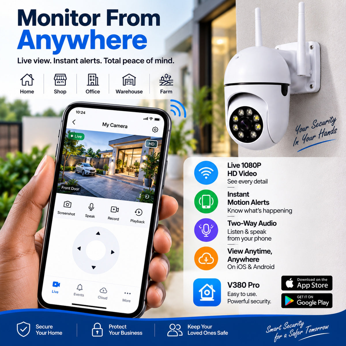 360° WiFi PTZ CCTV Camera 1080P – Phone Monitoring, Night Vision & Two-Way Audio