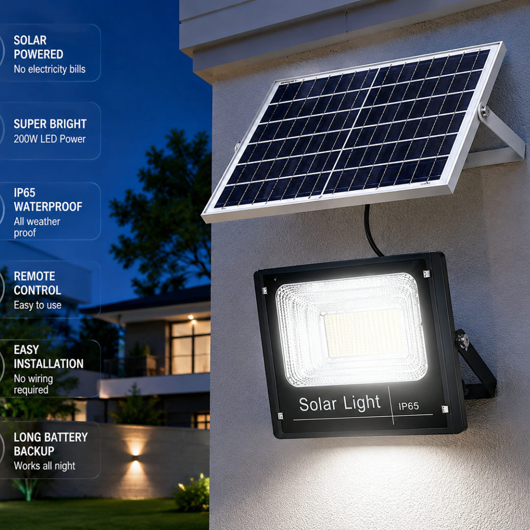 200W Solar LED Flood Light Kit – Solar Panel, Remote Control & IP65 Waterproof