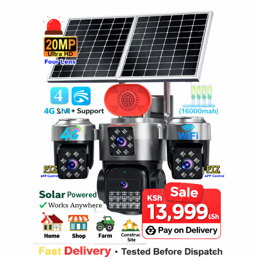 4G Four-Lens 20MP Solar Security Camera with Siren (16000mAh, Dual Panels)
