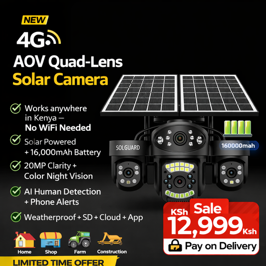 🔐 4G Four-Lens Solar CCTV Camera with Siren -2 Solar Panels-16000Mah Battery(AOV 180)