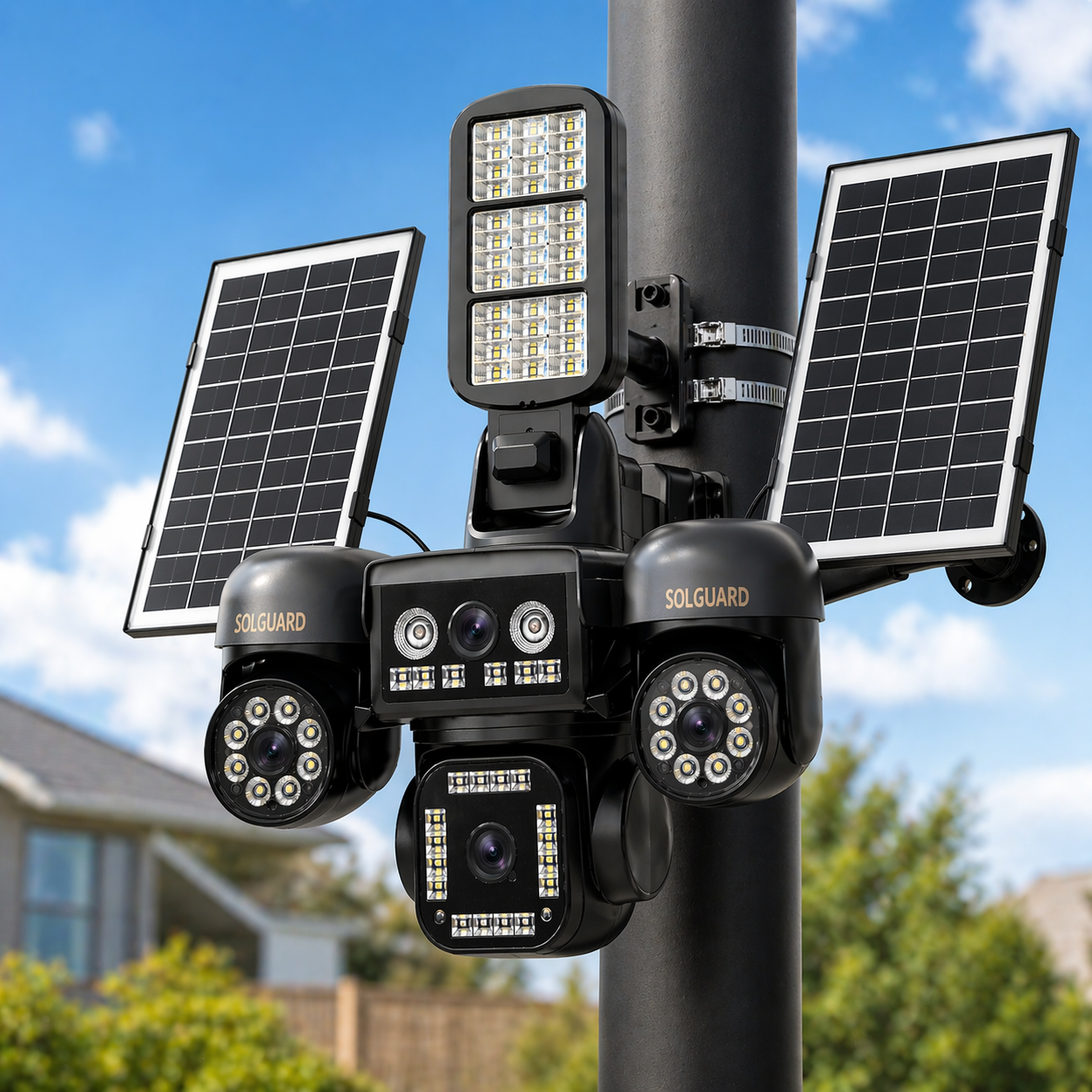 4G Solar Security Camera 4 Lens PTZ – Wireless Outdoor CCTV with Floodlight & Dual Solar Panels