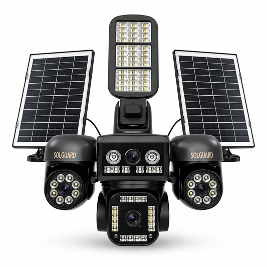4G Solar Security Camera 4 Lens PTZ – Wireless Outdoor CCTV with Floodlight & Dual Solar Panels