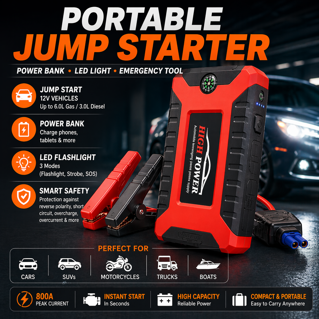 Portable Car Jump Starter Power Bank – Multi-Function Battery Booster with USB & LED Light