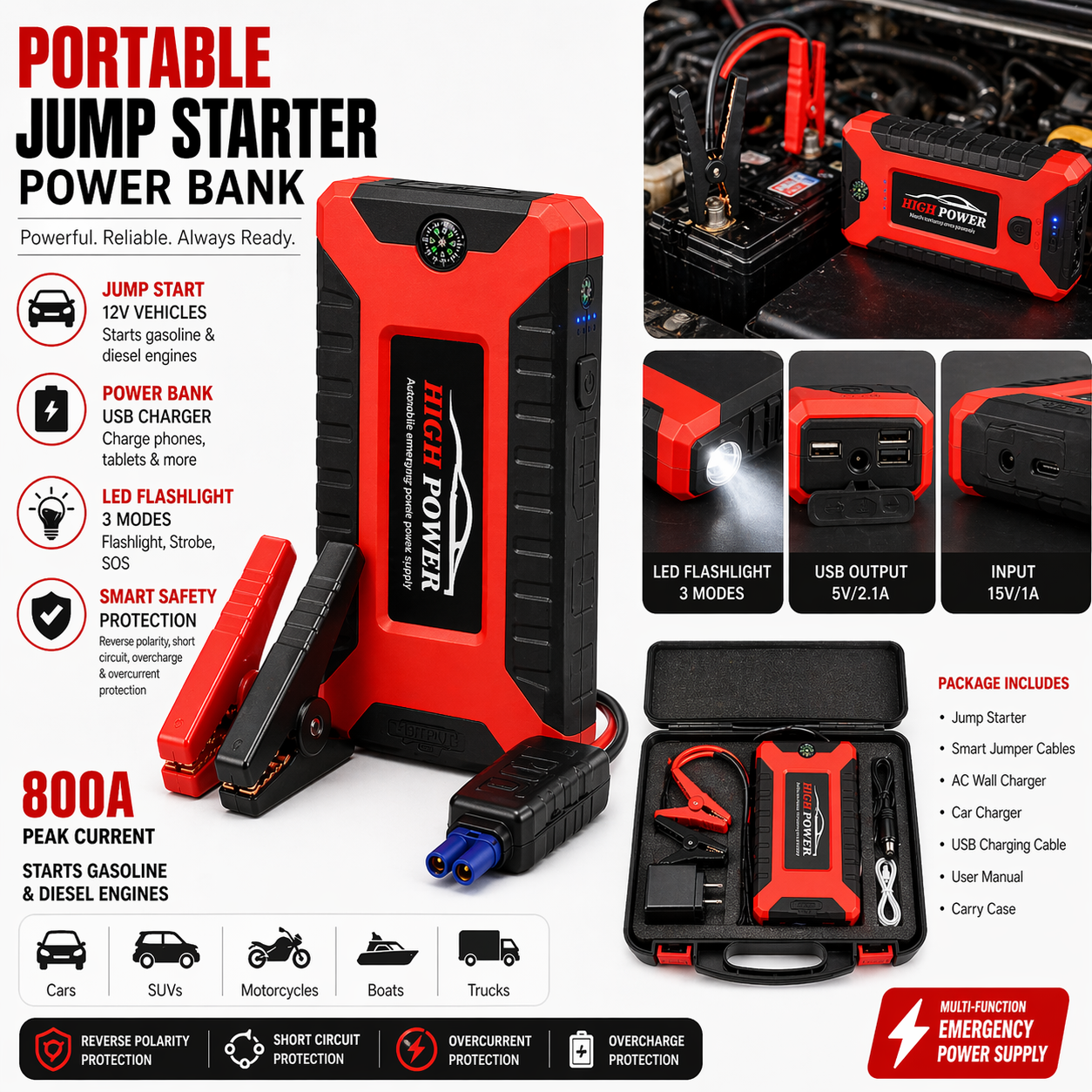 Portable Car Jump Starter Power Bank – Multi-Function Battery Booster with USB & LED Light