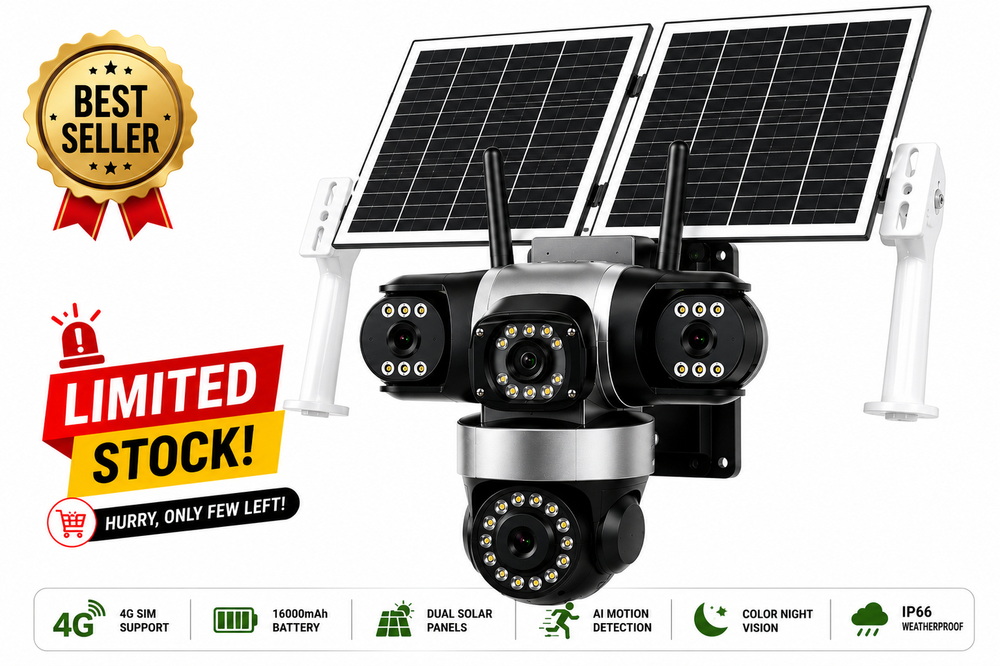 V612-3L 4G Triple Lens Solar CCTV Camera Kenya | 16000mAh Battery | No WiFi
