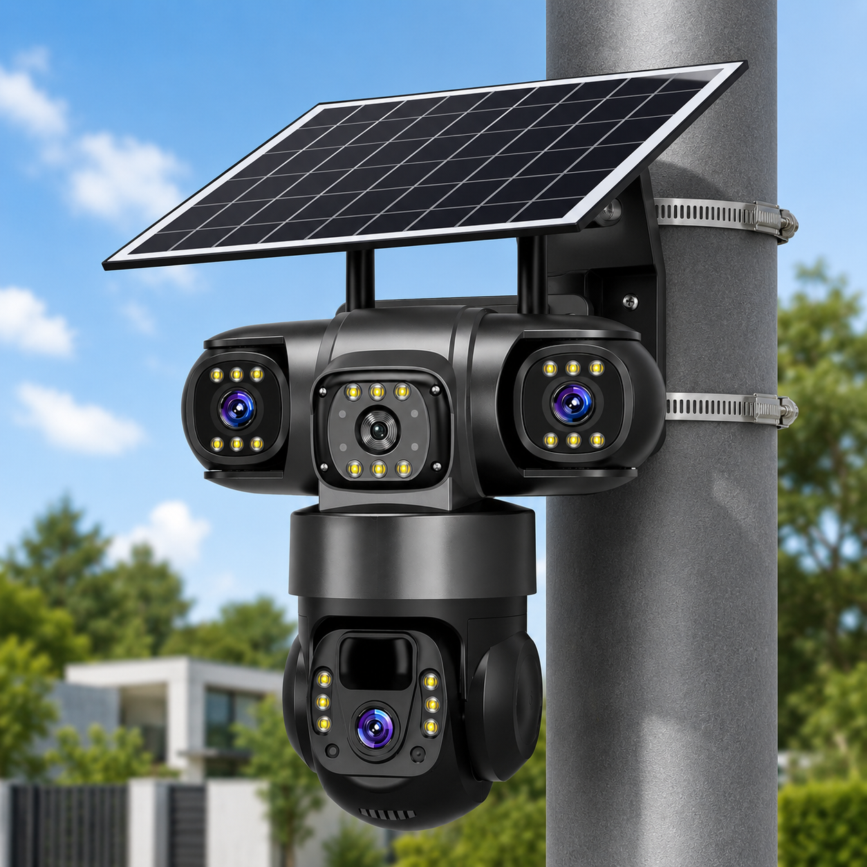 **WiFi Triple Lens Solar Security Camera – 360° CCTV with Night Vision & Solar Panel**