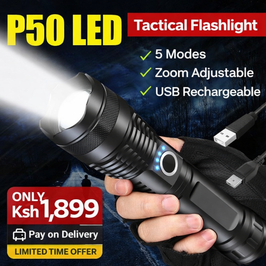 P50 LED Tactical Flashlight -5 Modes, Zoom Adjustable, USB Rechargeable Focus Flashlight