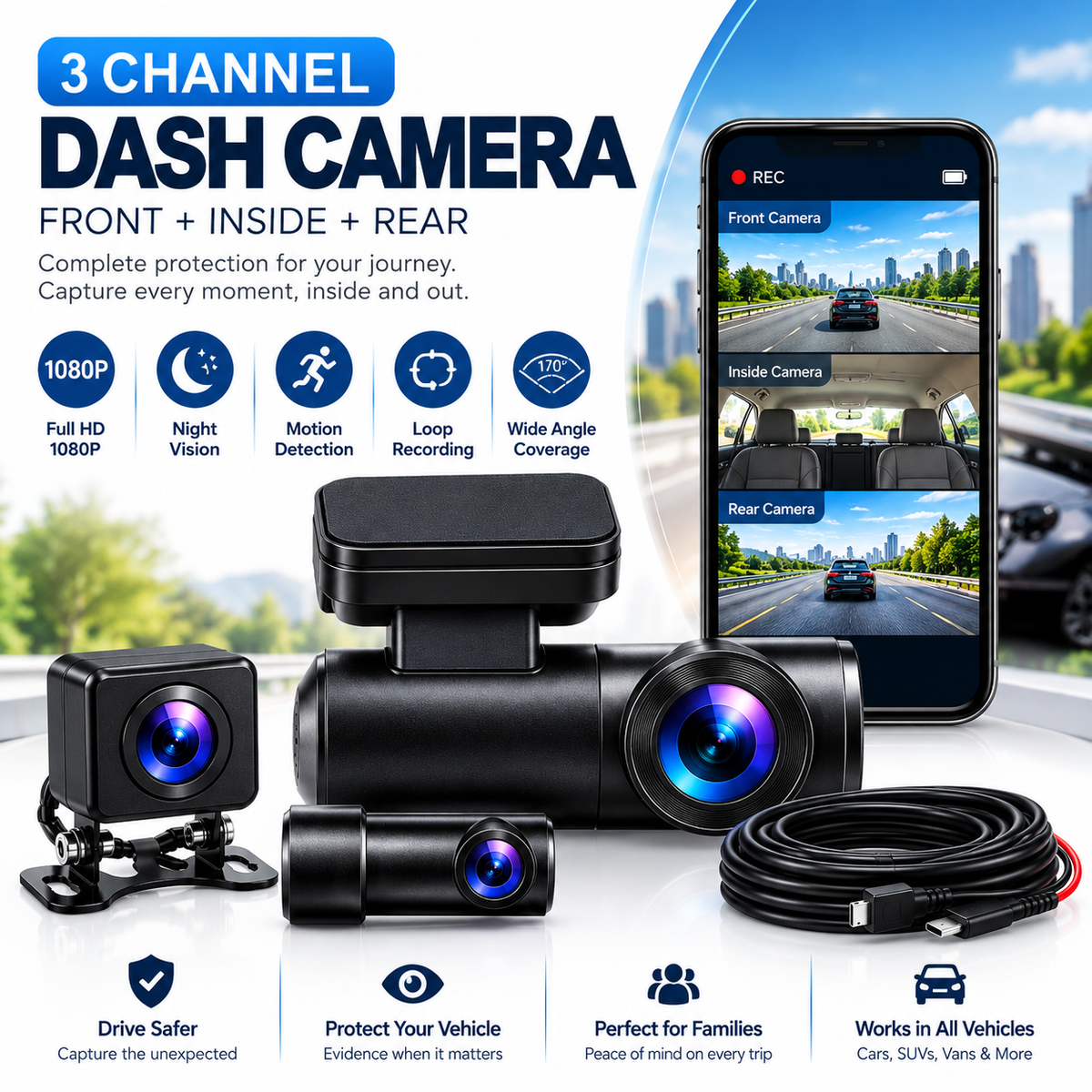 3 Channel Dash Camera – Front, Inside & Rear Recording