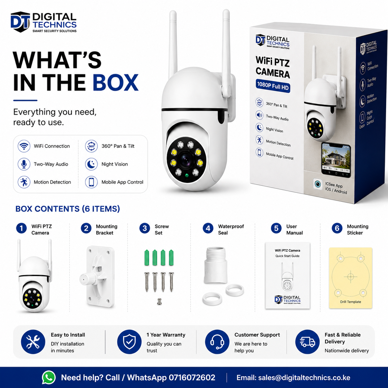 360° WiFi PTZ CCTV Camera 1080P – Phone Monitoring, Night Vision & Two-Way Audio