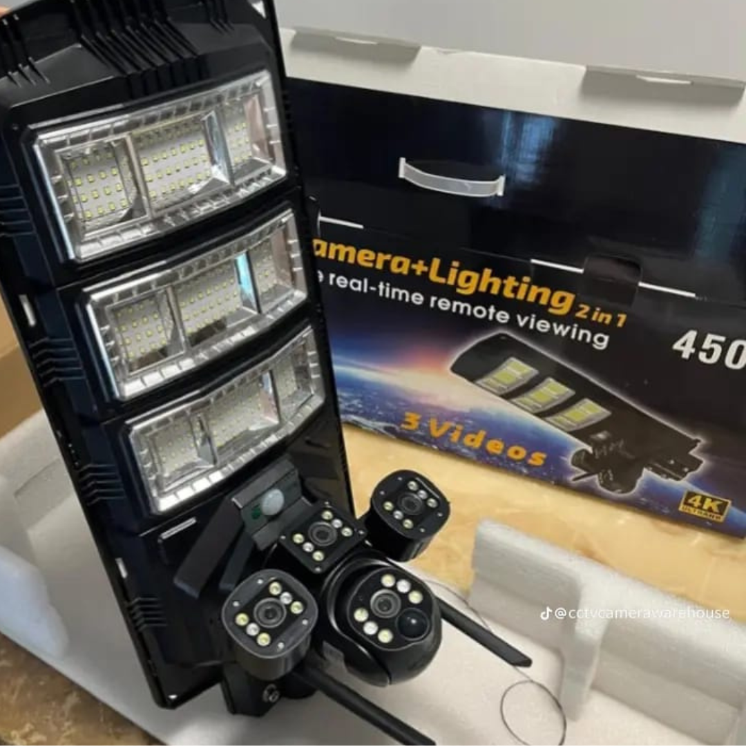 4G Triple Lens Solar Street Light CCTV Camera Kenya | SIM Card Security Floodlight