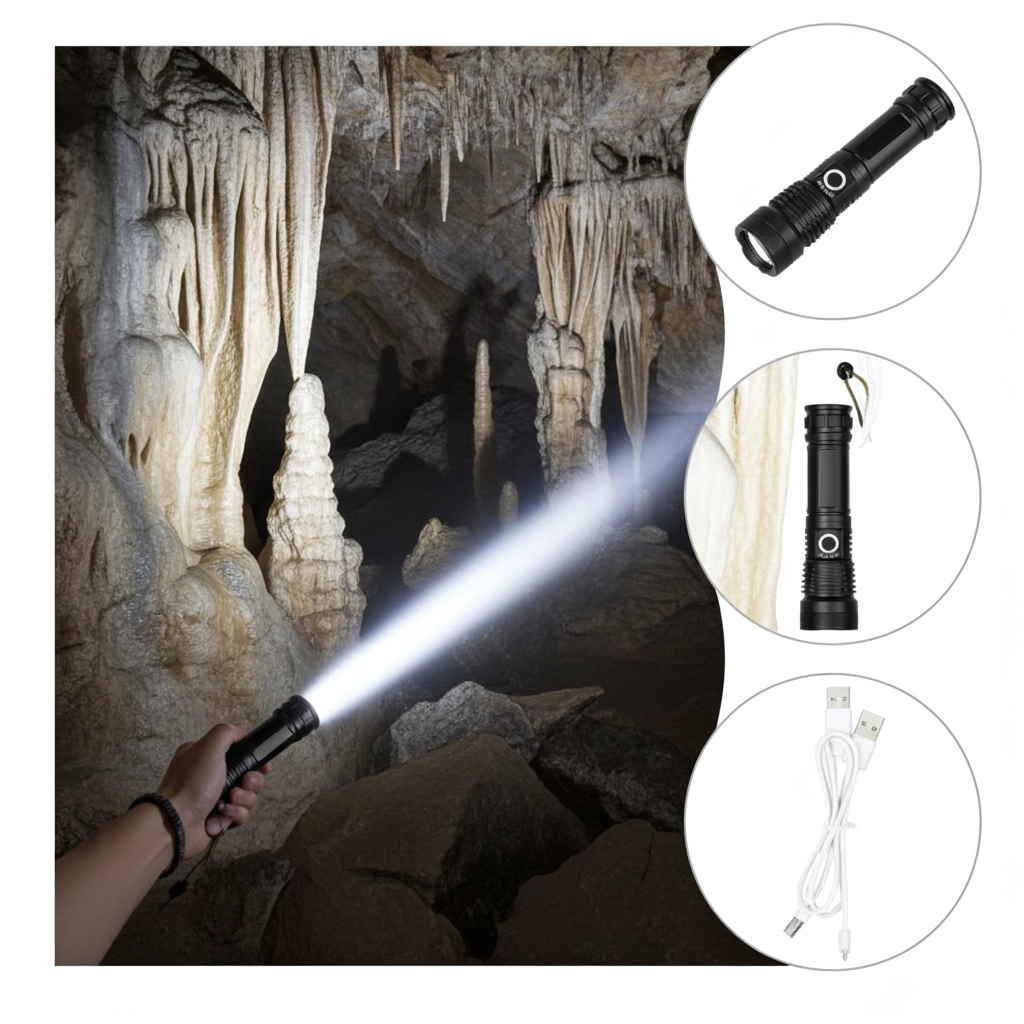 P50 LED Tactical Flashlight -5 Modes, Zoom Adjustable, USB Rechargeable Focus Flashlight