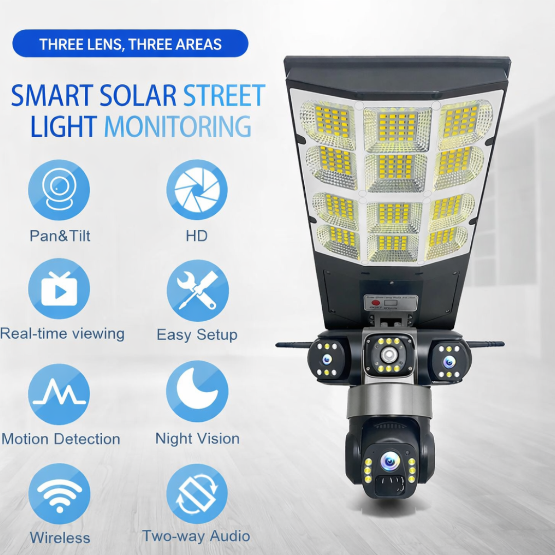 AOV 4G Solar Street Light Camera Triple Lens – 20MP HD Outdoor Security CCTV